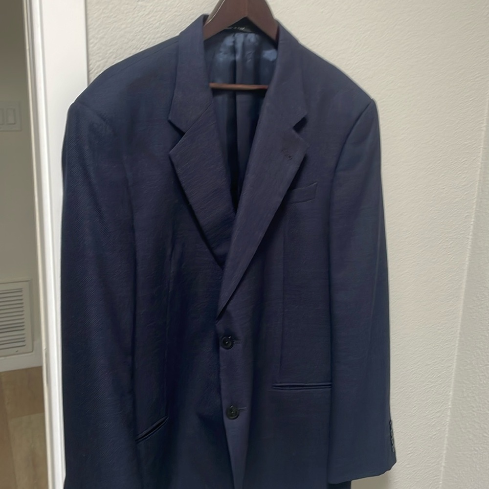 Men’s linen navy 2 button blazer. Armani Collection/ saks fifth avenue.
